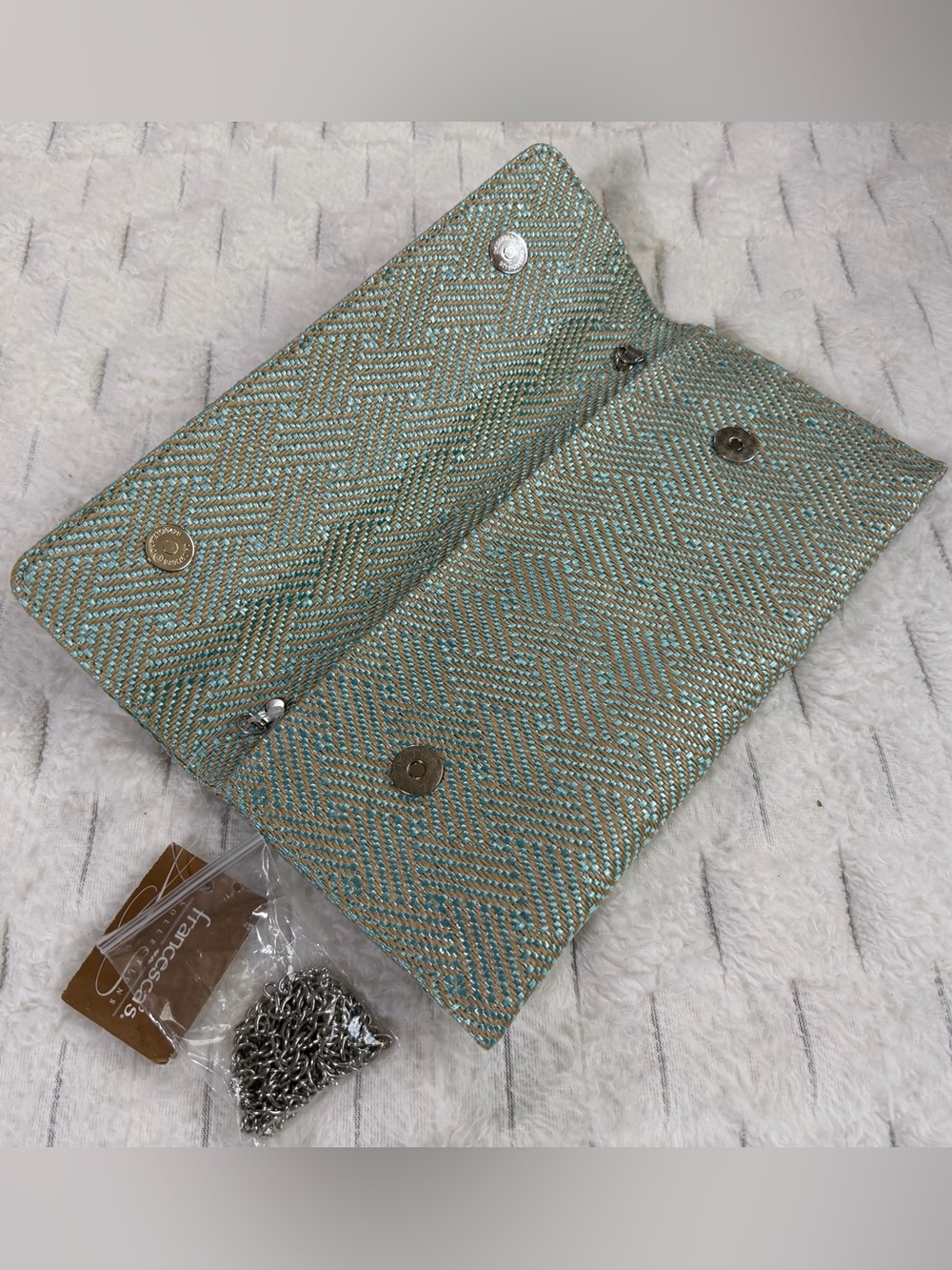 NWT Francesca’s Woven Metallic Turquoise & Tan Clutch